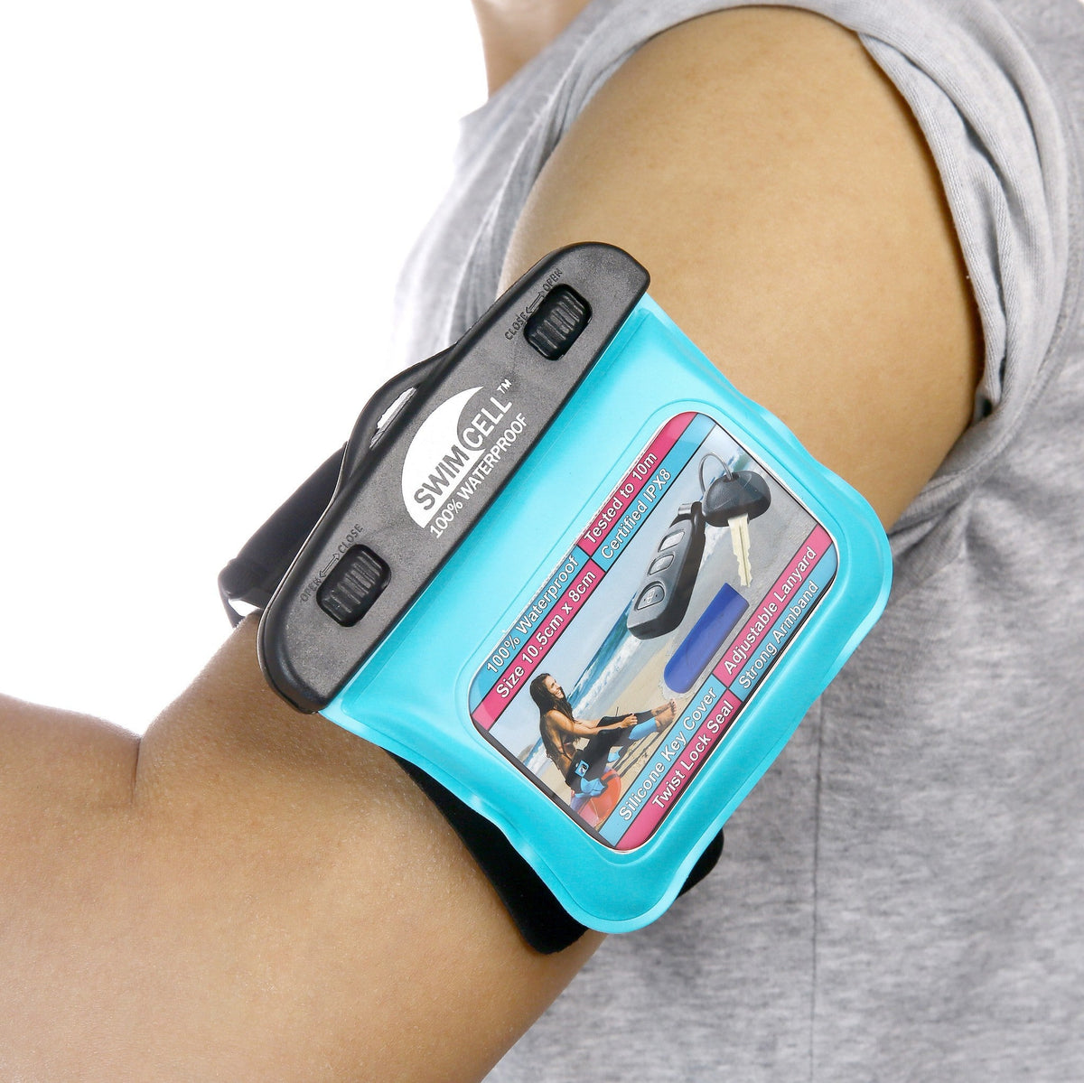 Waterproof Key Holder Armband Aqua Blue No Headphone Jack