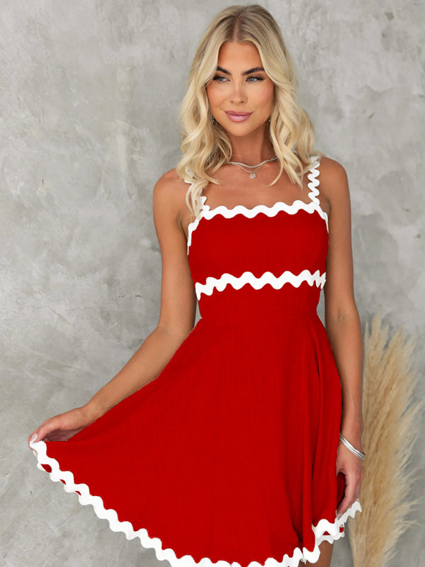 Wavy Strap Short Summer Dress Red