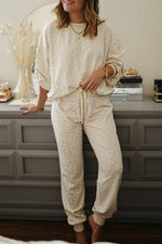 White Cheetah Print Two Piece Loose Fit Cosy Loungewear Set White 95%Polyester+5%Elastane