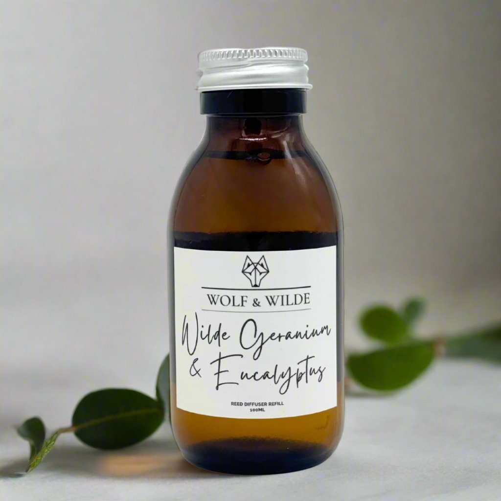 Wilde Geranium & Eucalyptus 100ml Luxury Reed Diffuser Refill In Amber Glass Bottle