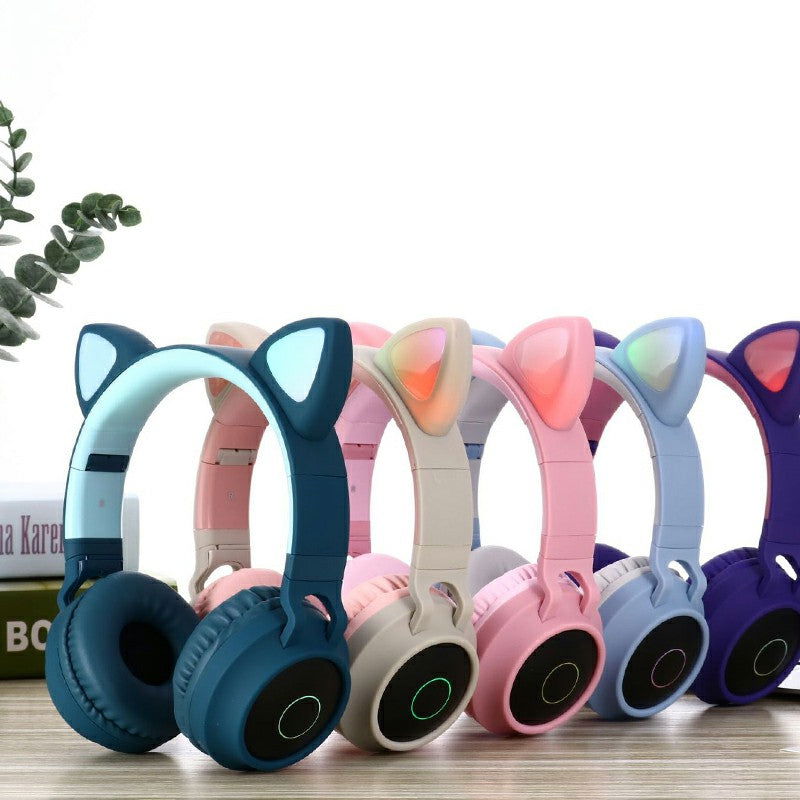 Wireless Cat Ear Bluetooth 5.0 Stereo Bass Headset LED Lights Earphone for Adults - Grey / Dark Blue