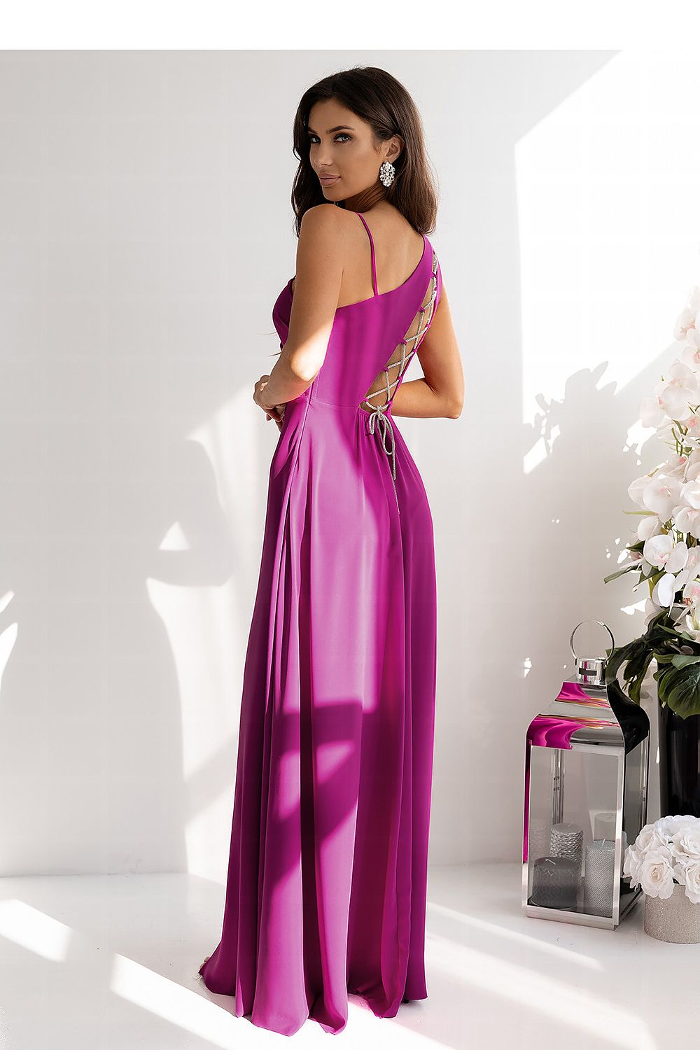 With You Asymmetrical Strap Long Dress with Braided Tie Back