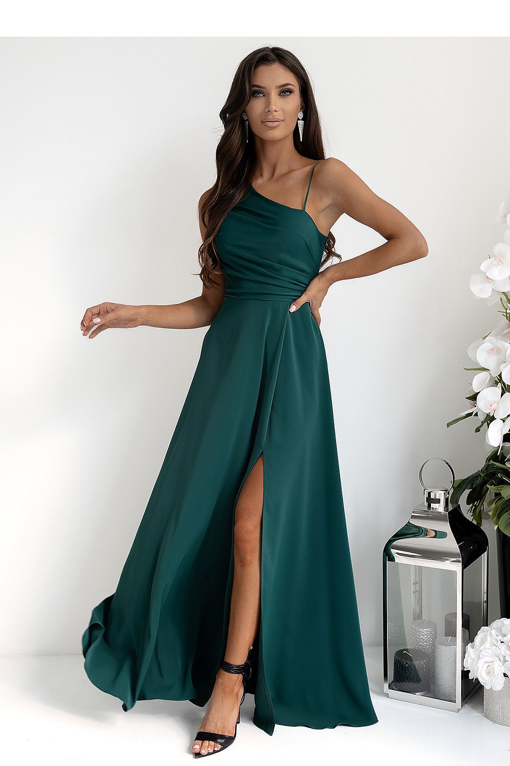 With You Asymmetrical Strap Long Dress with Braided Tie Back green