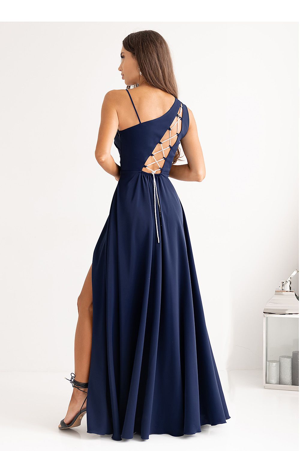 With You Asymmetrical Strap Long Dress with Braided Tie Back