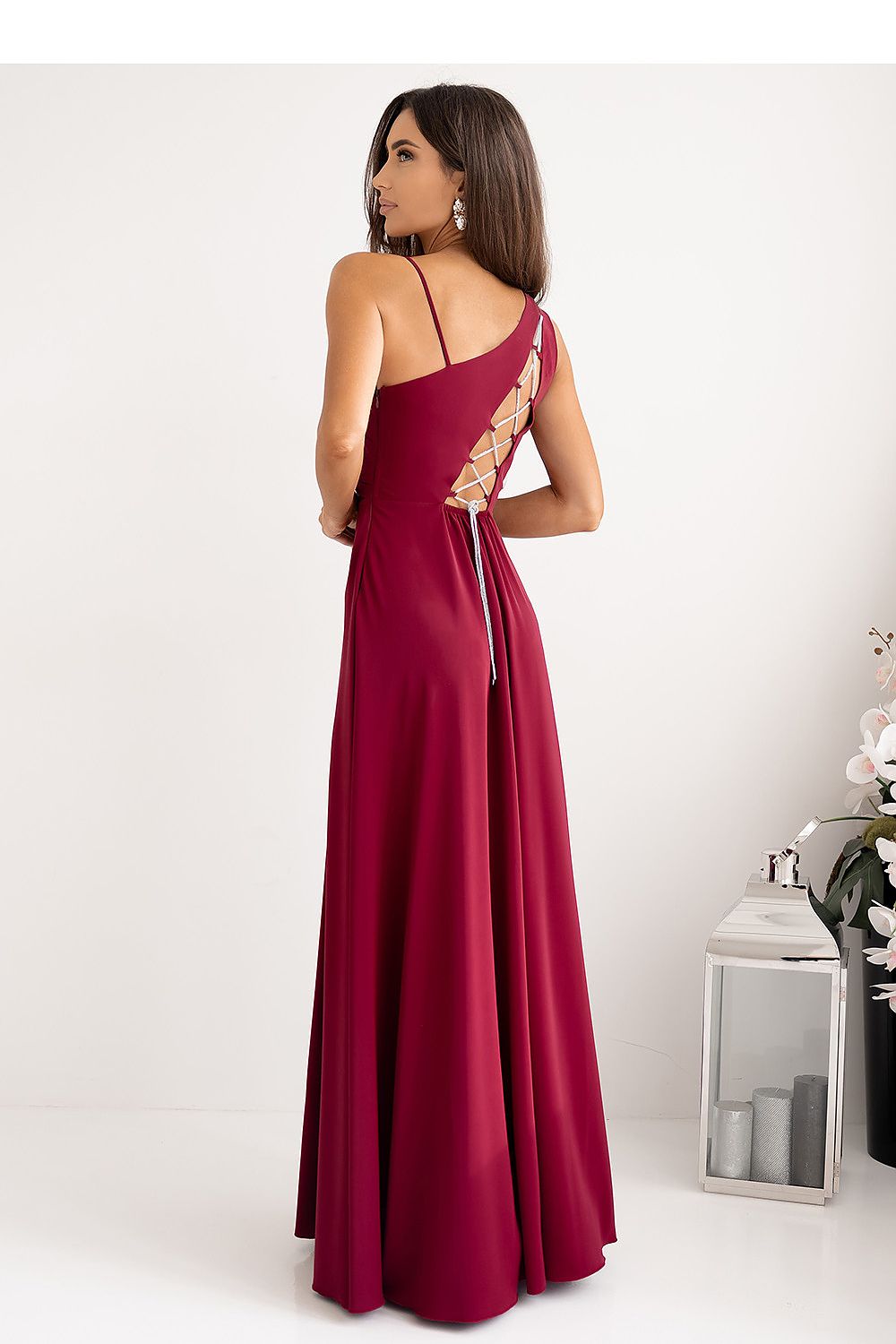 With You Asymmetrical Strap Long Dress with Braided Tie Back