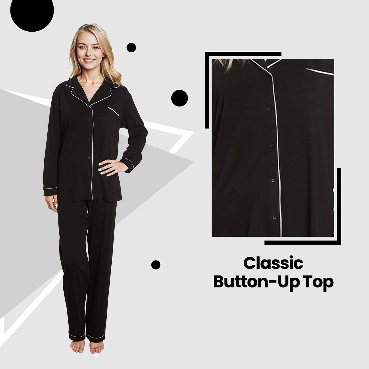Daisy Dreamer Black Pyjama Set - Soft Touch Button-Up Top & Bottoms