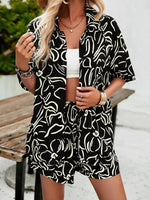 Women's Casual Fashion Lapel Short-sleeved Shorts & Top Co-ord Set Black