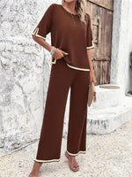 Women's Casual Short-sleeved Trousers Knitted Trouser & Top Co-ords Set Brown