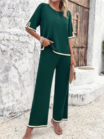 Women's Casual Short-sleeved Trousers Knitted Trouser & Top Co-ords Set Green