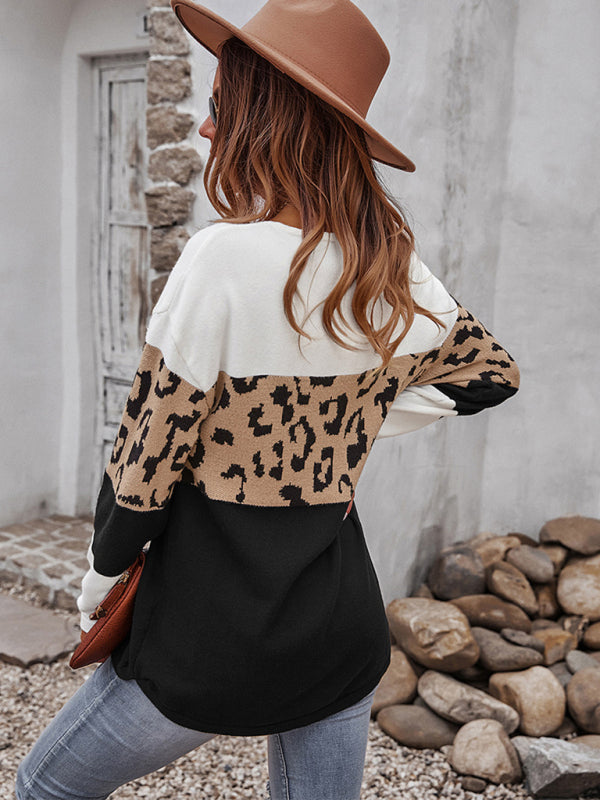Women's Leopard Print Sweater Long Sleeve Soft Warm Top Jumper