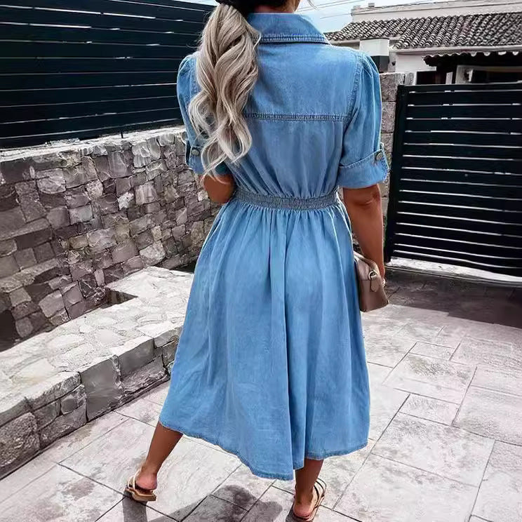 Women's Single-breasted Lapel Slim-fit Short-sleeved Summer Denim Dress
