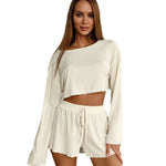 Women's Soft Knitted Short Pyjamas Midriff-baring Long Sleeve Suit