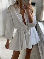 Women's Solid Colour Loose Waist Tie Button Lotus Leaf Day Dress White