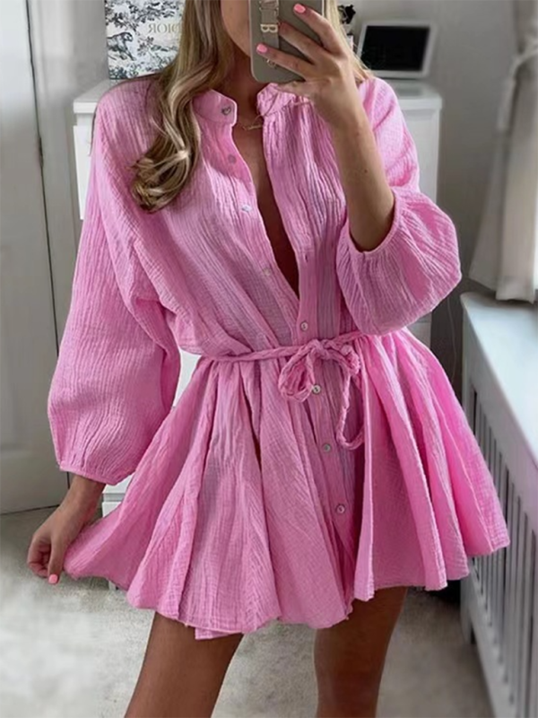 Women's Solid Colour Loose Waist Tie Button Lotus Leaf Day Dress Rose