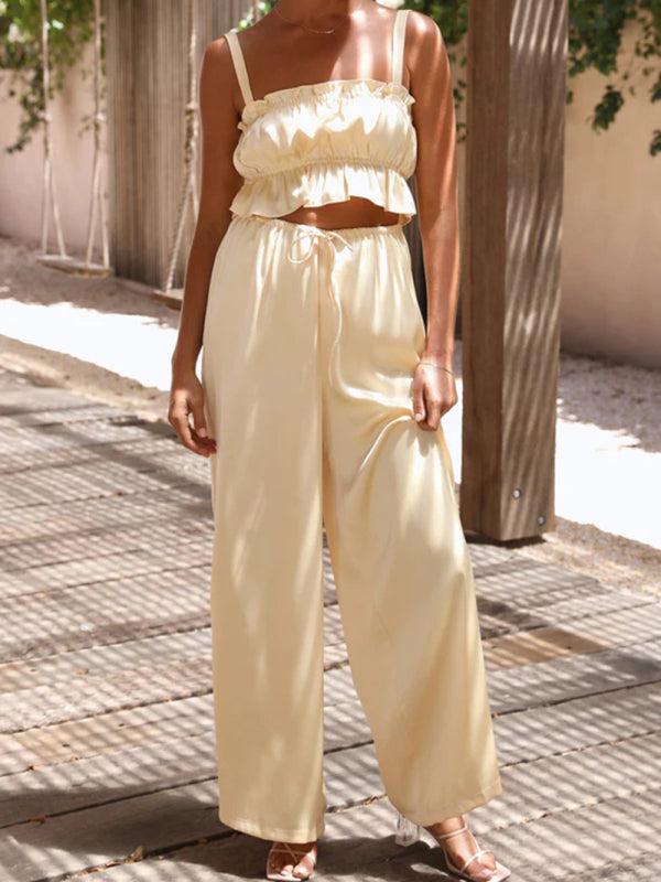 Women's Strap Top Wide-leg Pants Trouser & Top Co-ord Set Yellow