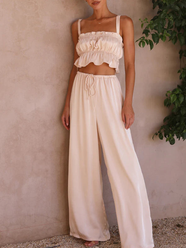 Women's Strap Top Wide-leg Pants Trouser & Top Co-ord Set Beige