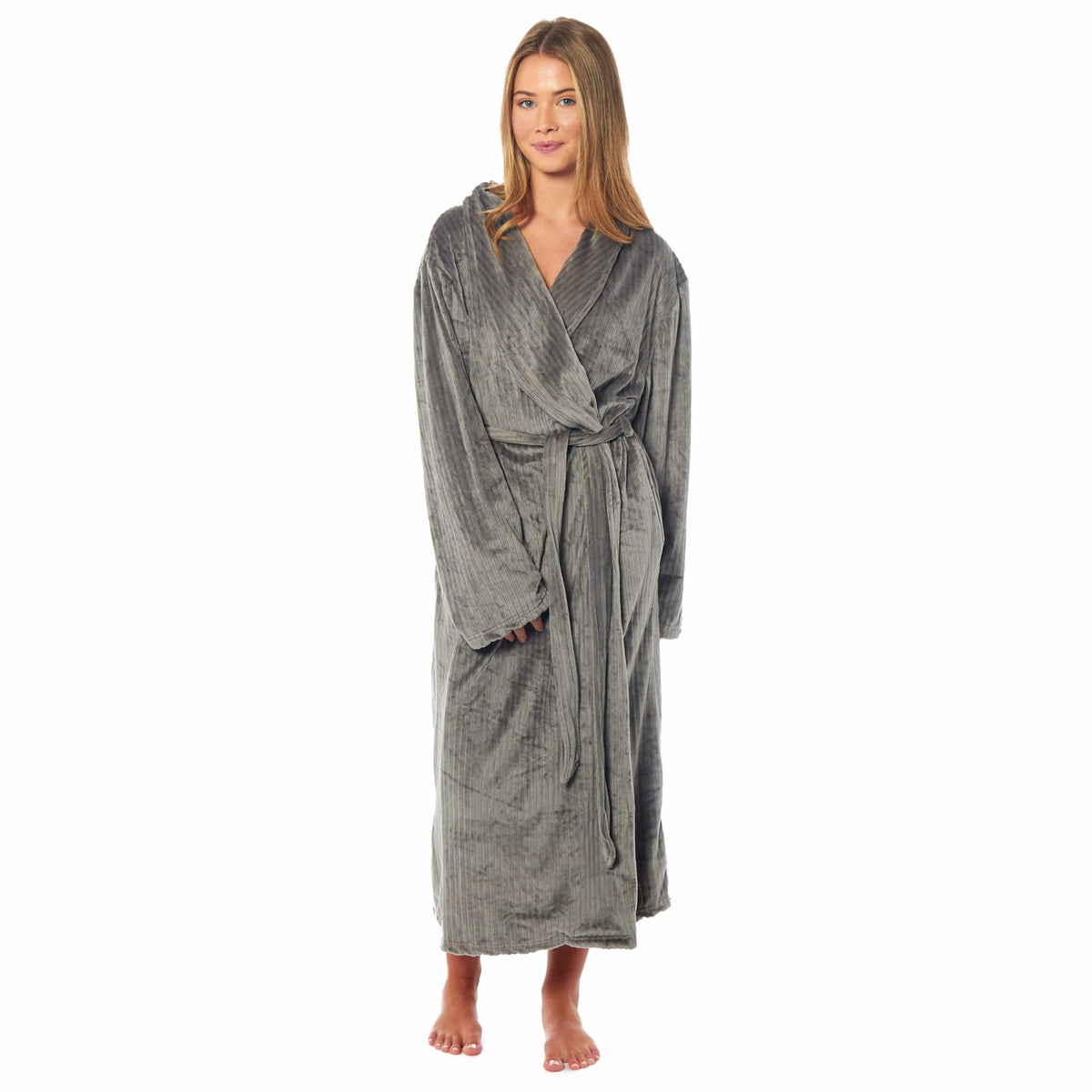 Daisy Dreamer Stripe Jacquard Dressing Gown - Soft Shawl Collar Robe with Belt & Pockets CHARCOAL