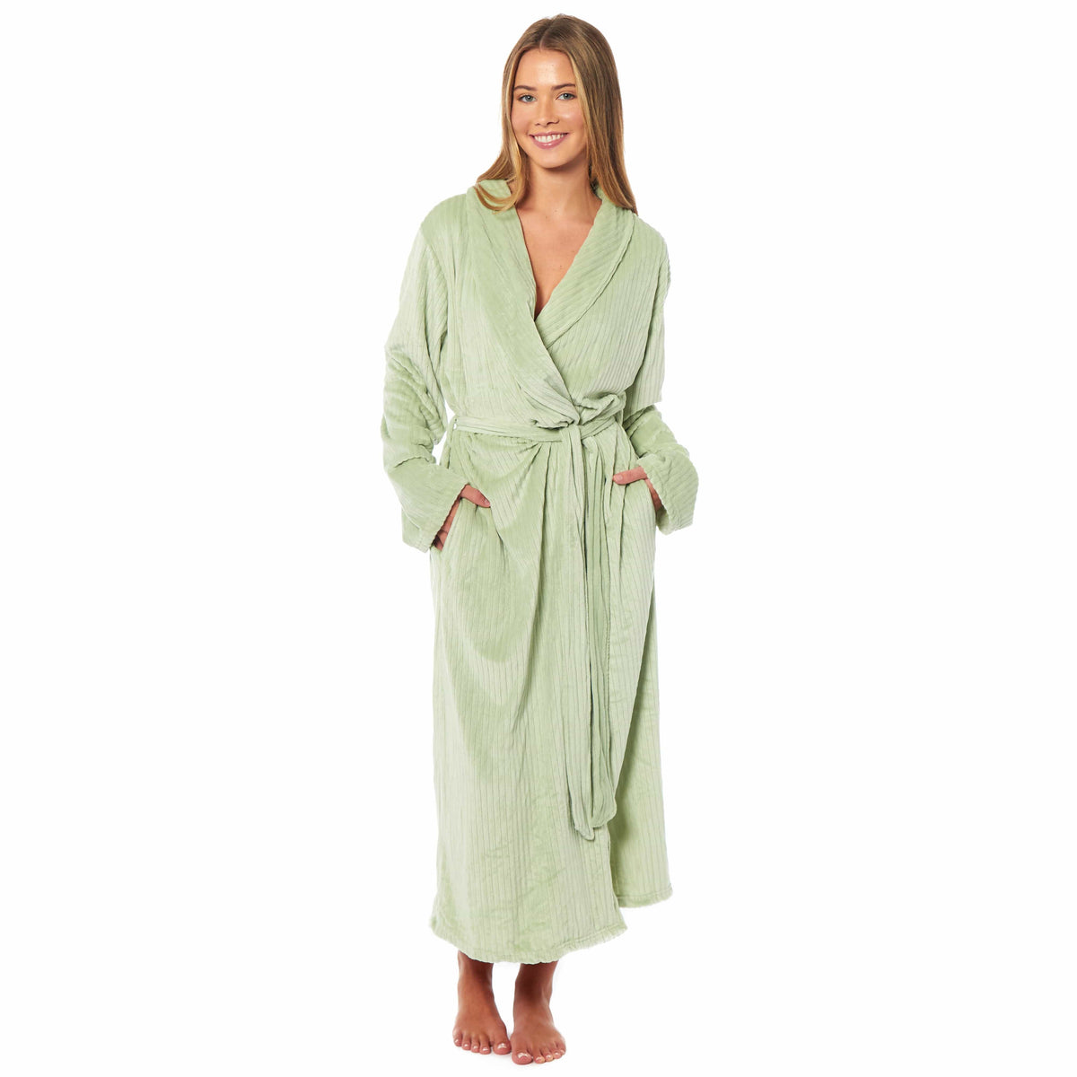 Daisy Dreamer Stripe Jacquard Dressing Gown - Soft Shawl Collar Robe with Belt & Pockets SAGE GREEN