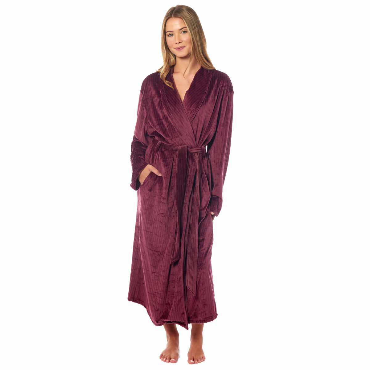 Daisy Dreamer Stripe Jacquard Dressing Gown - Soft Shawl Collar Robe with Belt & Pockets WINE