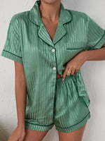 Women's Striped Cropped Shirt Shorts Pyjama Set Green