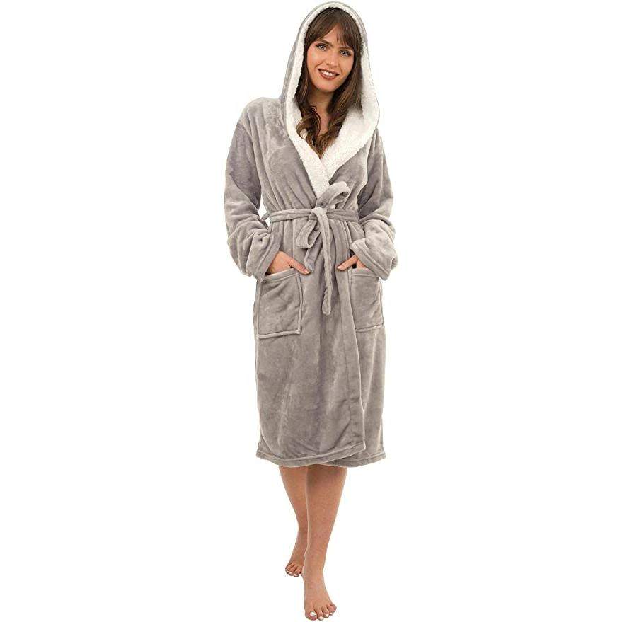Daisy Dreamer Plush Fleece Hooded Robe - Soft Velvet Winter Dressing Gown SILVER SHERPA HOOD