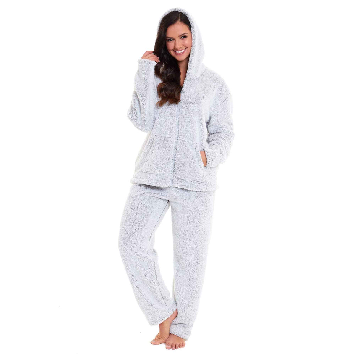 Daisy Dreamer Women's Ultra-Soft Plush Fleece Hooded Winter Pajama Set GREY FULL ZIP