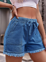 Womens Elastic Waist Drawstring Casual High Waist Raw Edge Denim Shorts