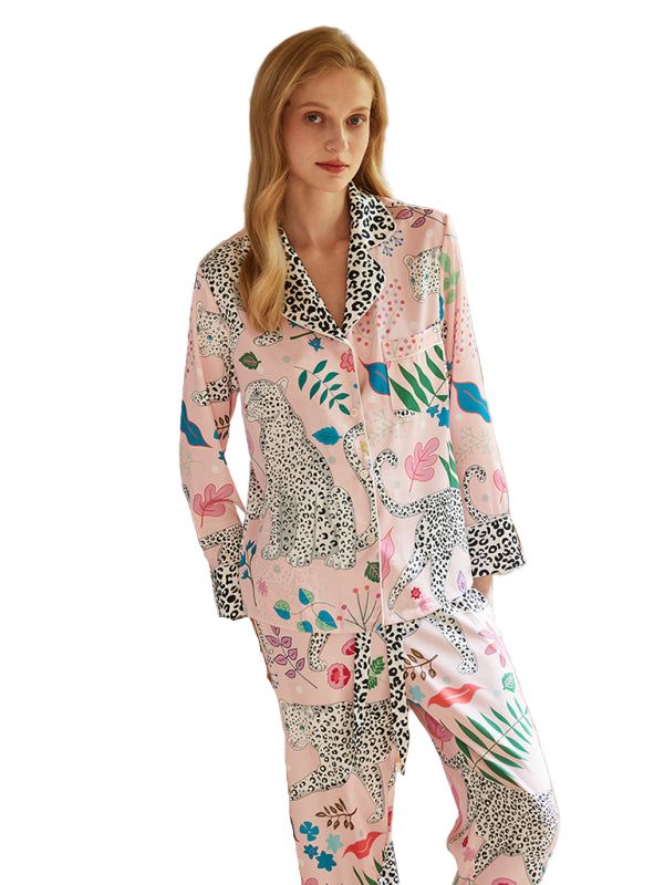 Womens Leopard Print Sleepwear Pink Pyjama Set