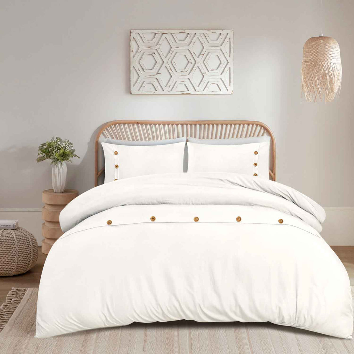 Wood Button Duvet Cover Set White