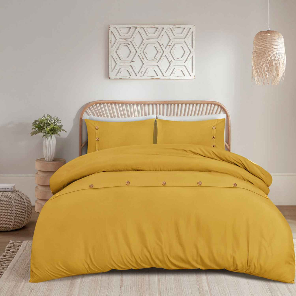Wood Button Duvet Cover Set Ochre