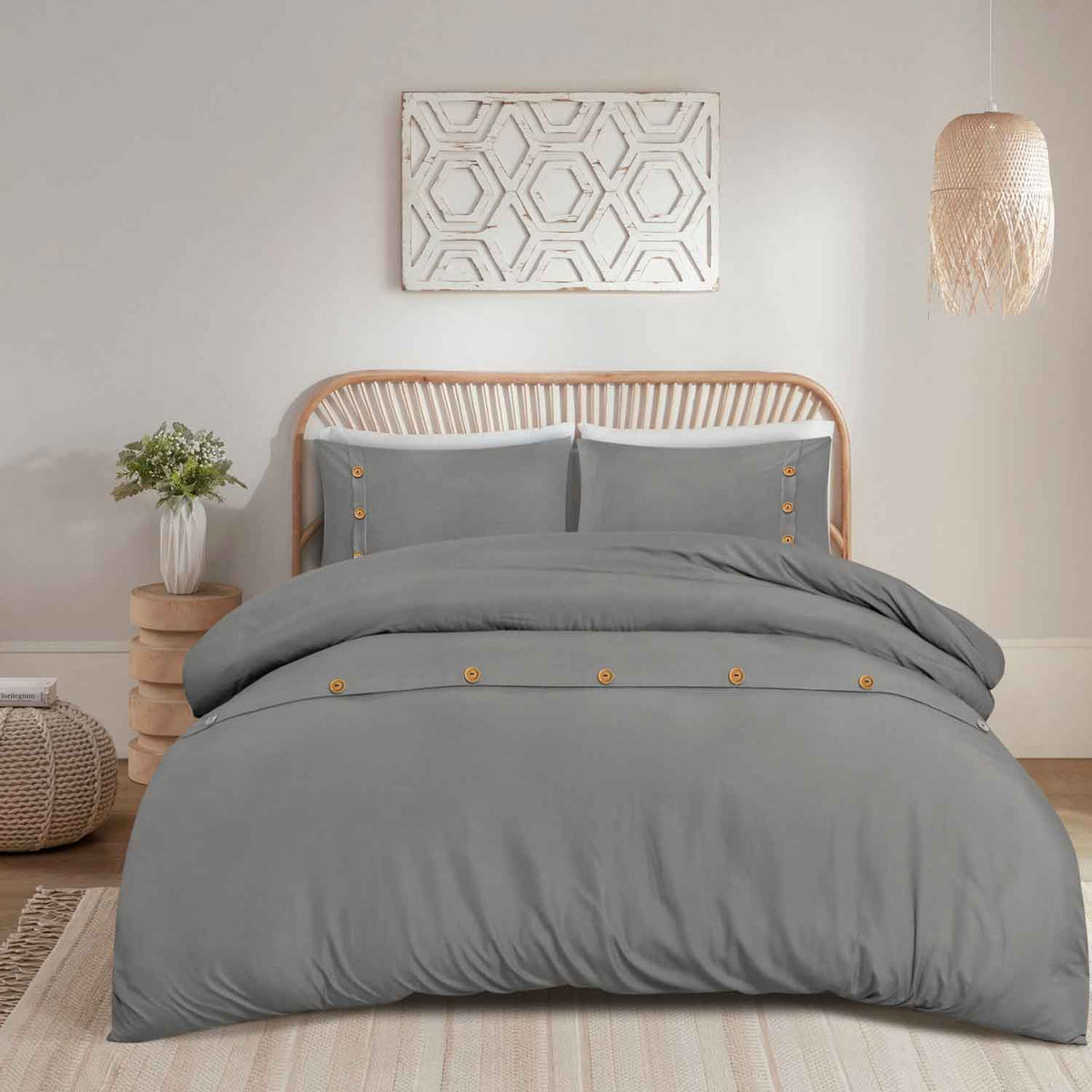 Wood Button Duvet Cover Set Grey
