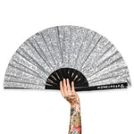 XL Festival Handheld Fan - Glitter, Sumptuous Silver with matching Leg Holster in