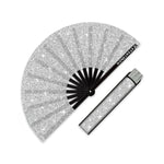 XL Festival Handheld Fan - Glitter, Sumptuous Silver with matching Leg Holster in