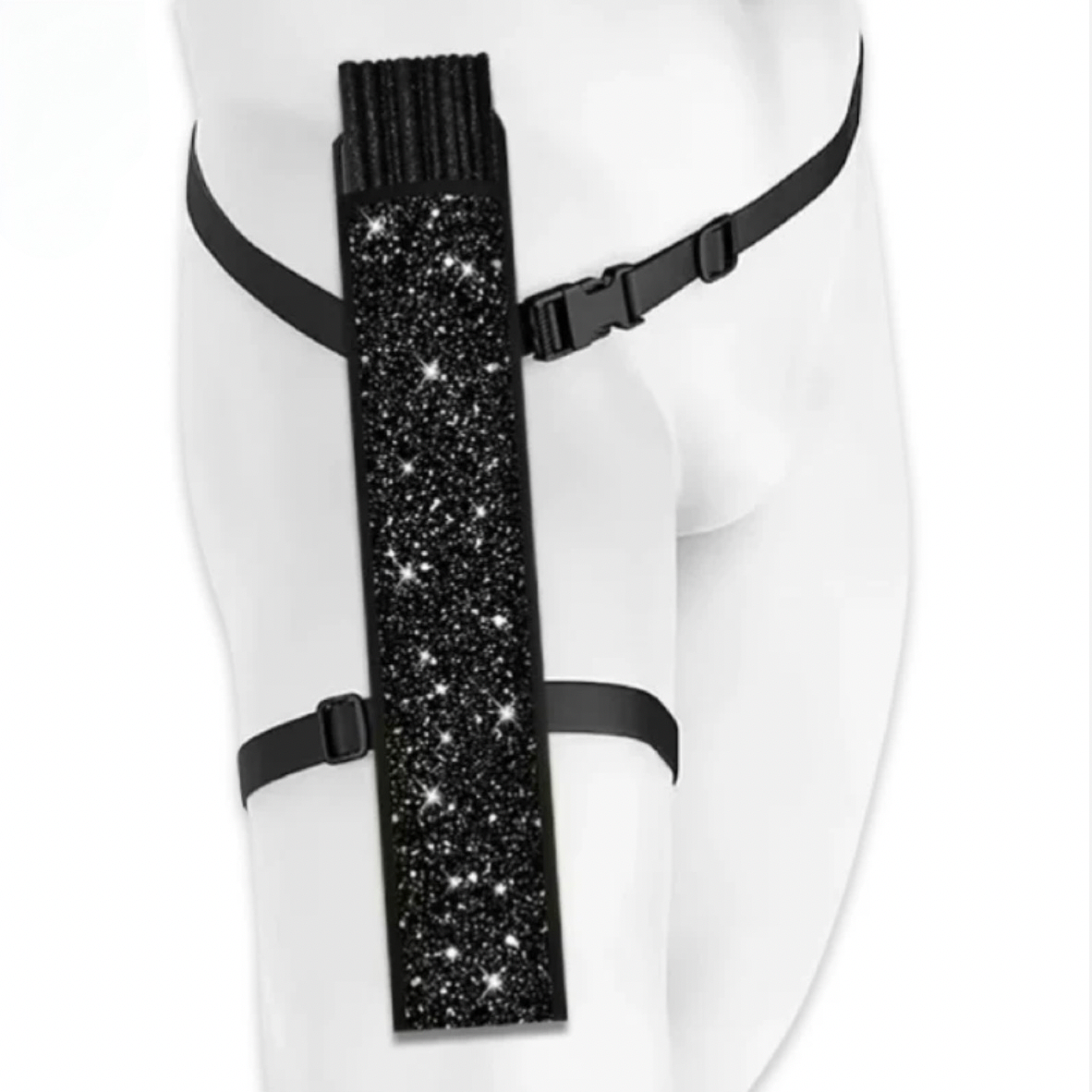 XL Festival Handheld Fan - Shimmery Metallic, Silver Fan WITH black shimmer holster