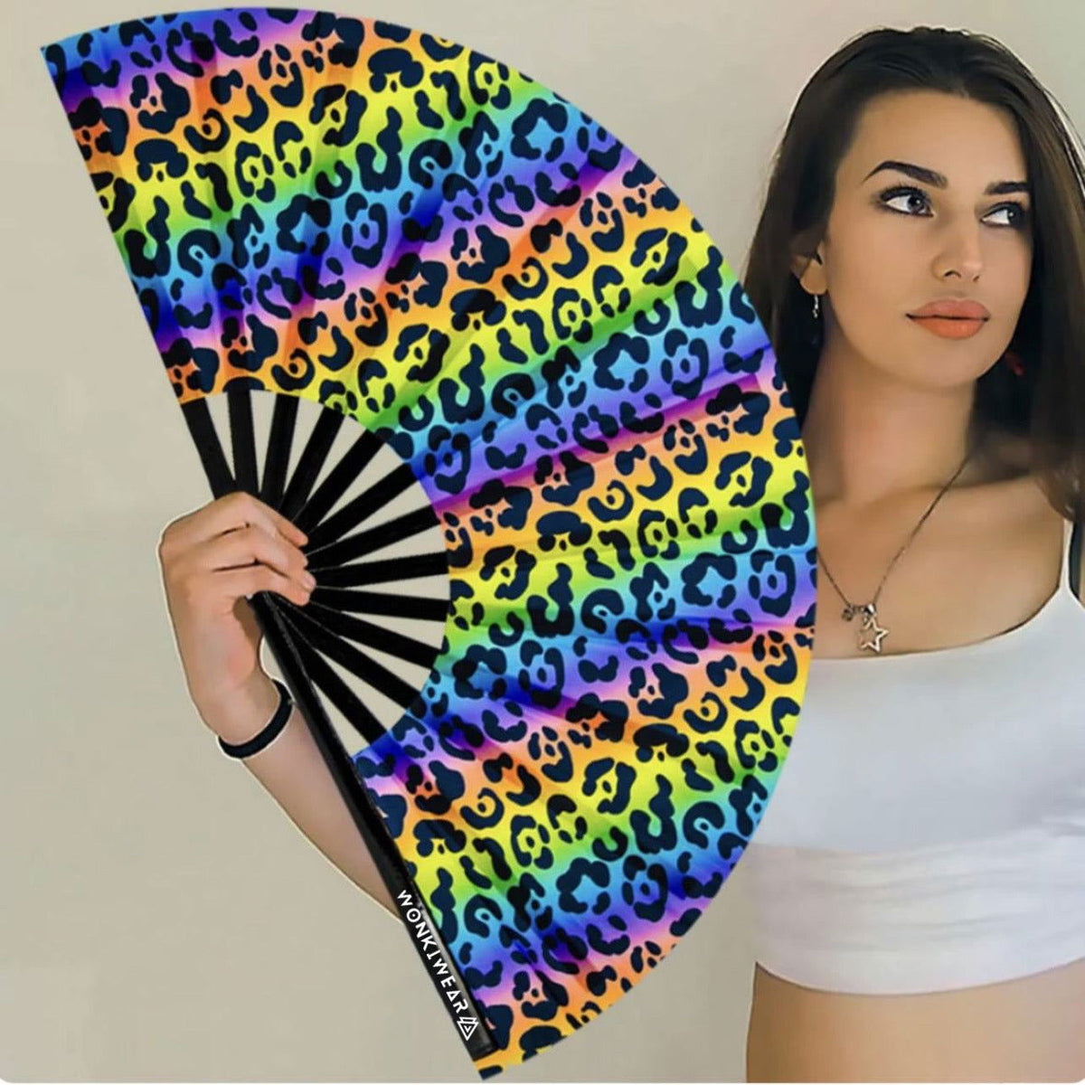 XL Festival Handheld Fan - UV Reactive, Rainbow Leopard