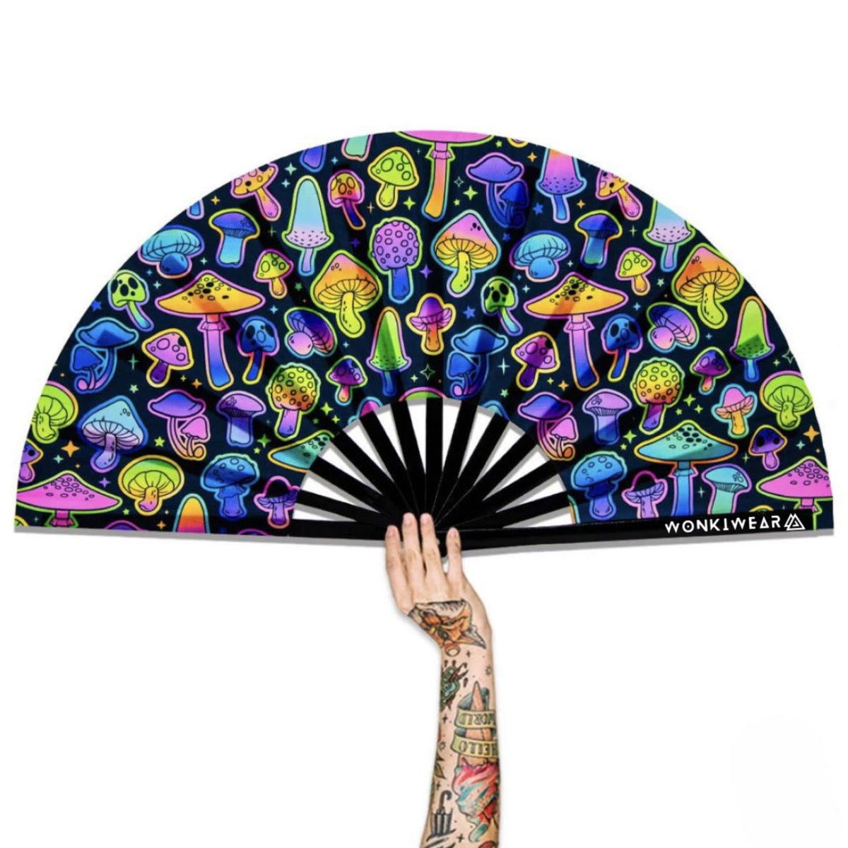 XL Festival Handheld Fan - UV Reactive, Rainbow Shrooms Fan ONLY