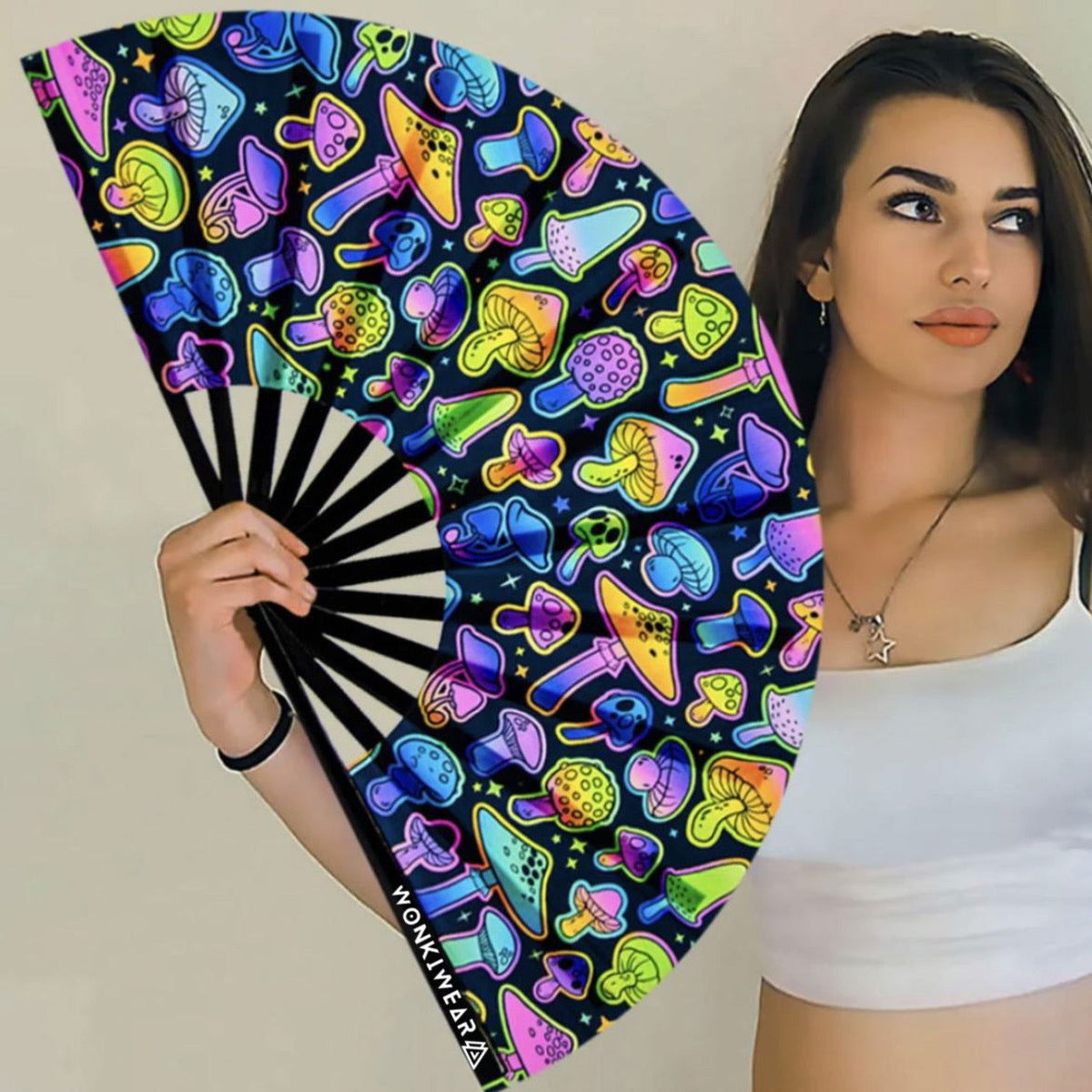 XL Festival Handheld Fan - UV Reactive, Rainbow Shrooms