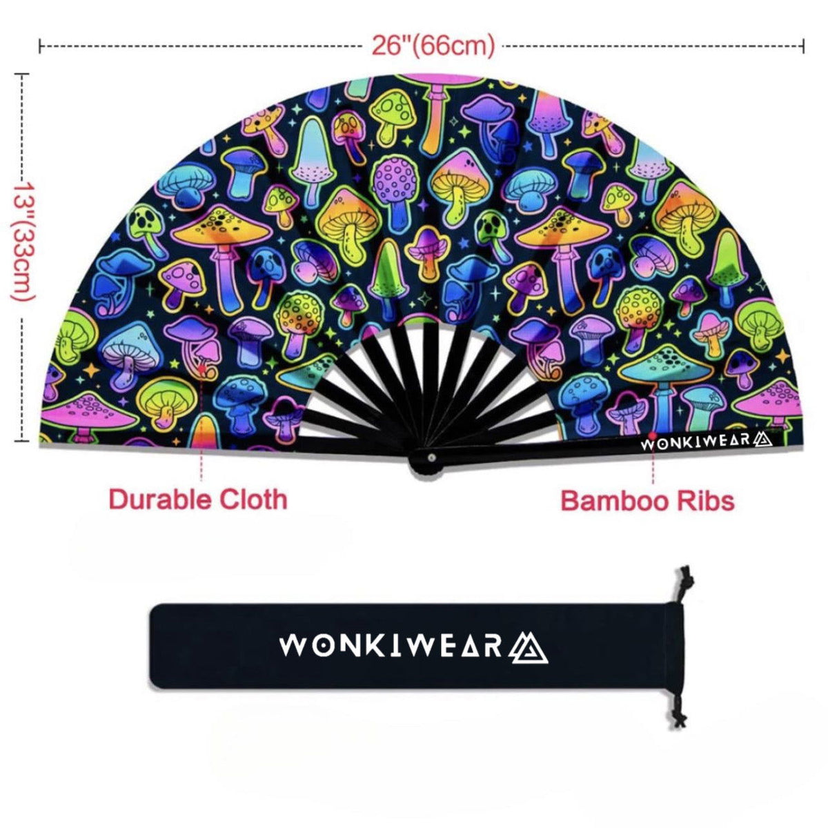 XL Festival Handheld Fan - UV Reactive, Rainbow Shrooms