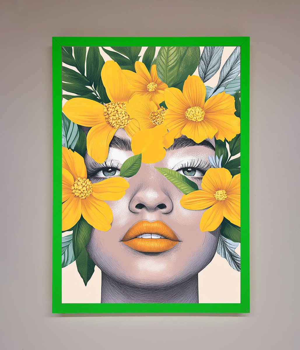 Yellow Flowers Head Framed Poster Neon Dark Green