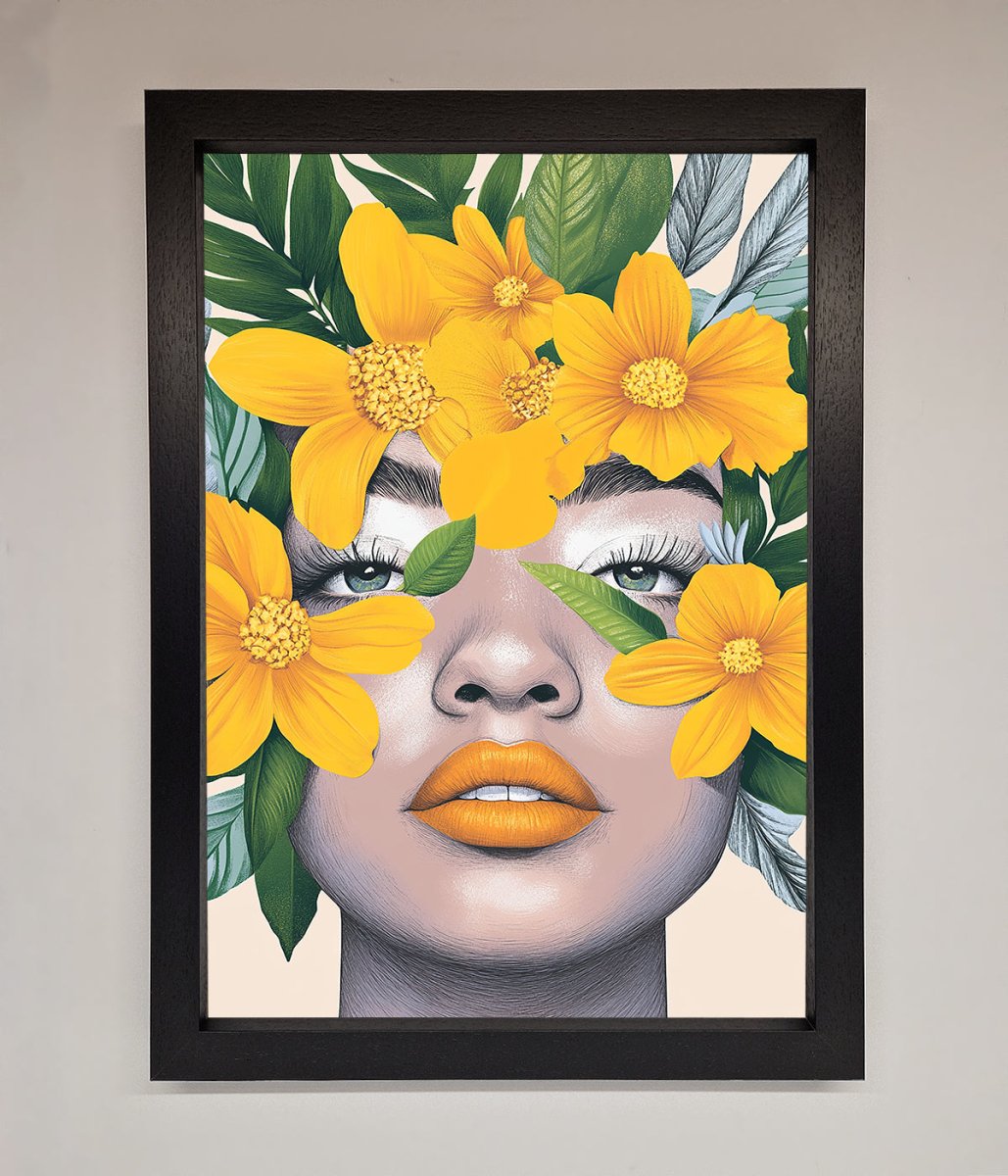 Yellow Flowers Head Framed Poster Black