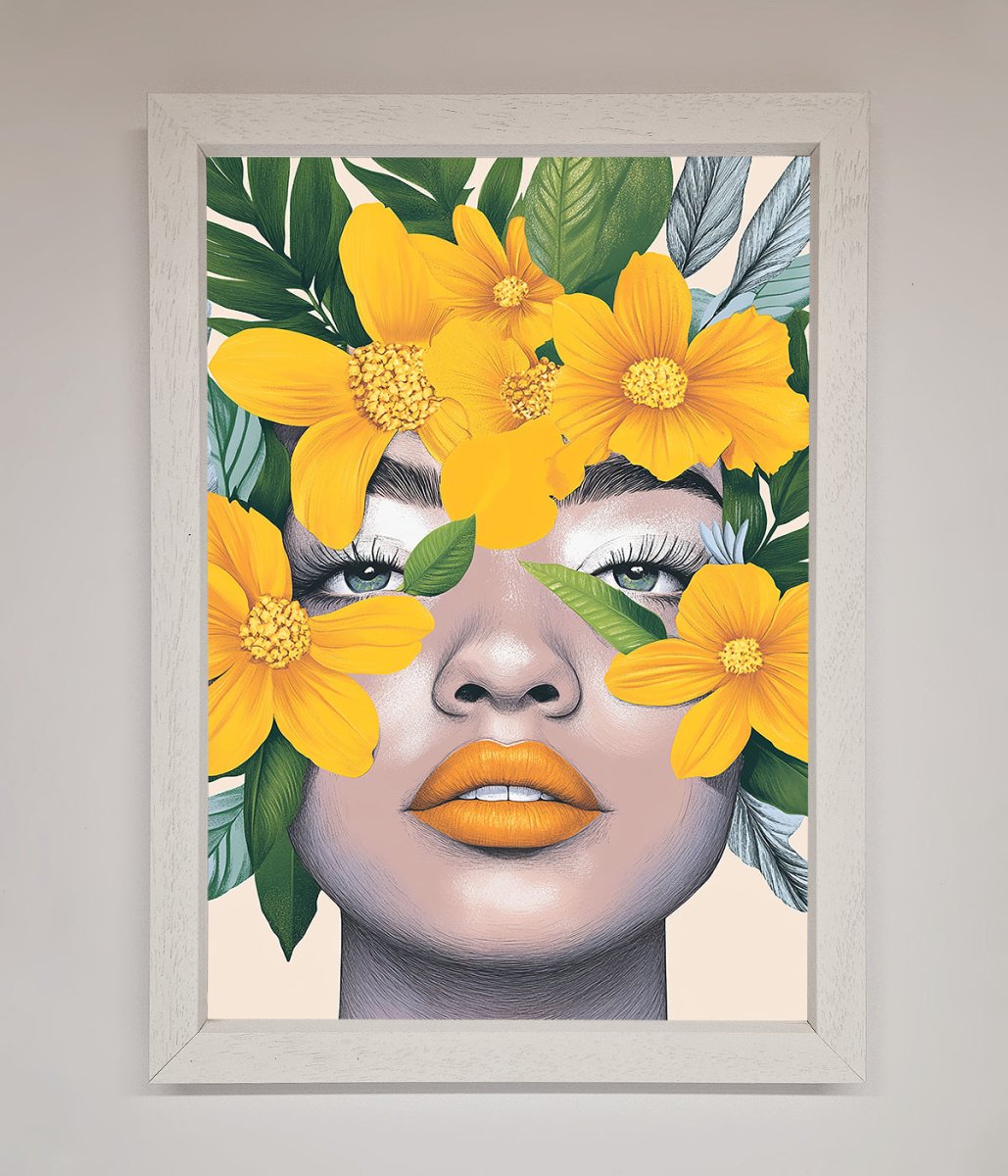 Yellow Flowers Head Framed Poster White