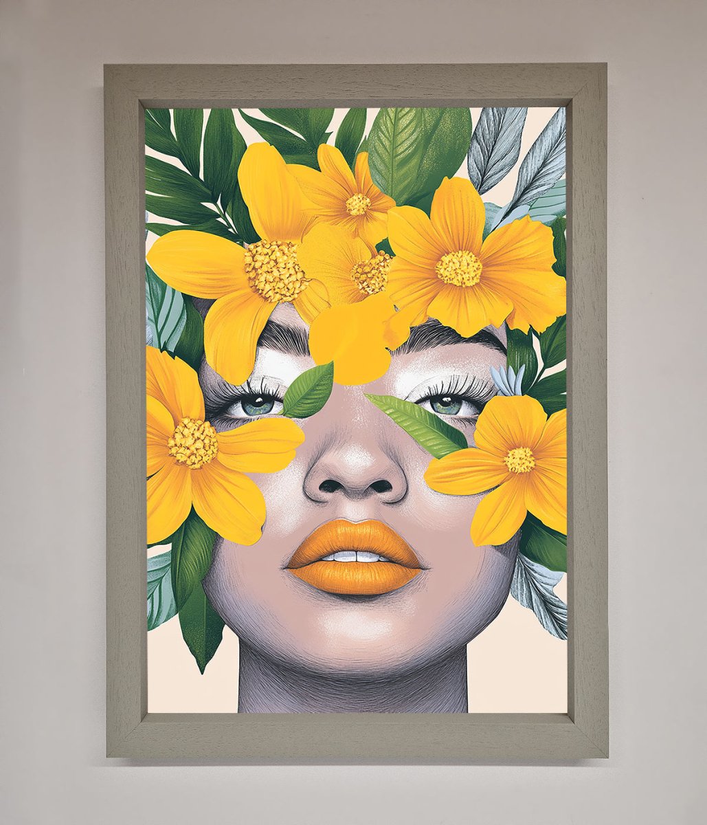 Yellow Flowers Head Framed Poster Grey