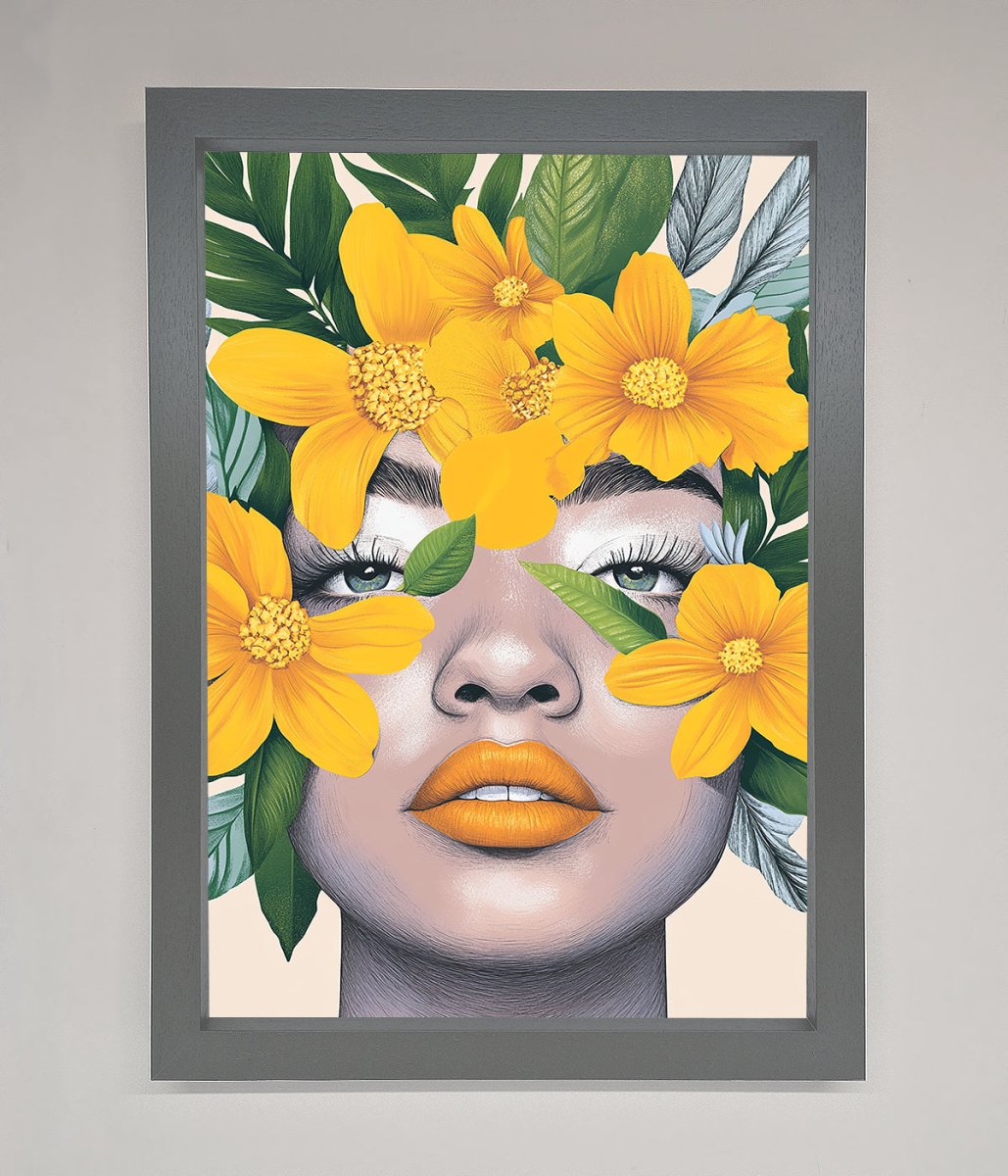 Yellow Flowers Head Framed Poster Dark Grey