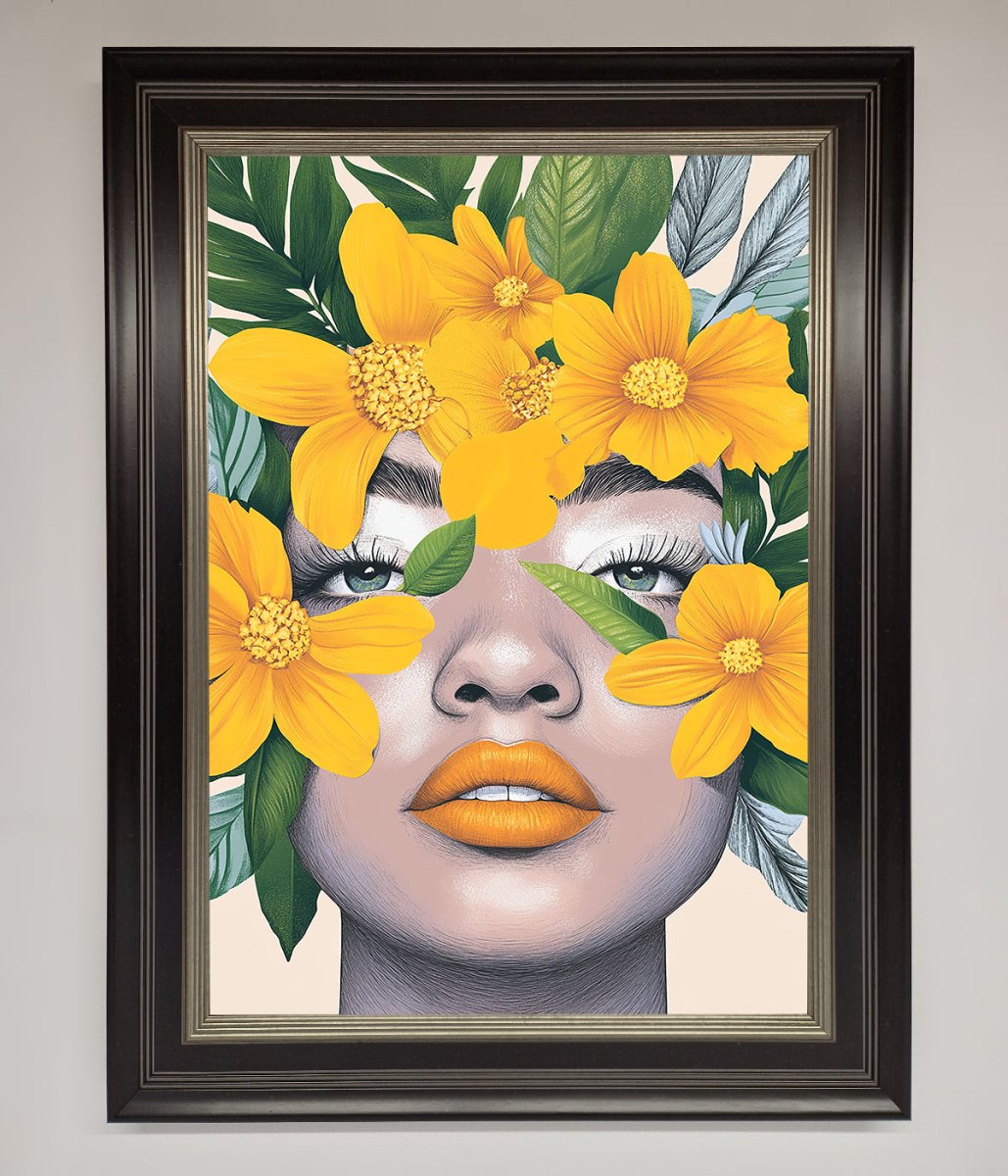 Yellow Flowers Head Framed Poster Black Silver