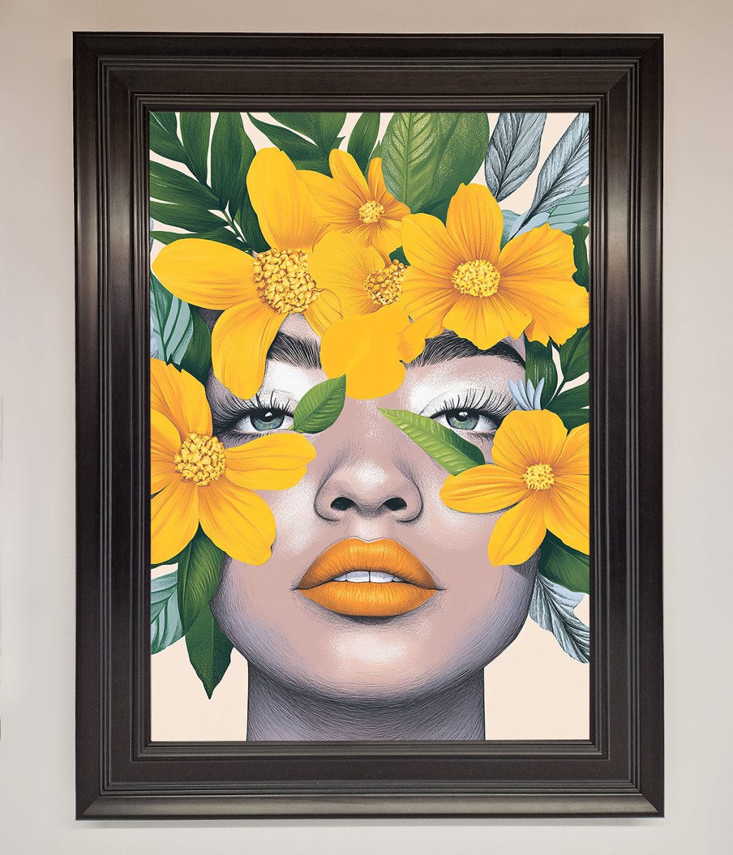 Yellow Flowers Head Framed Poster Matt Black