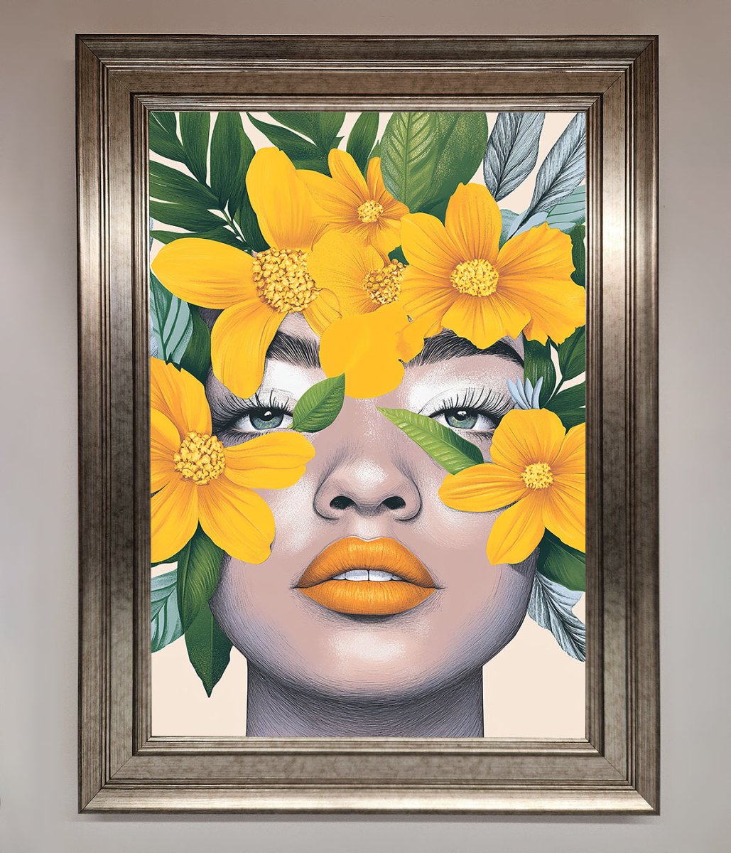 Yellow Flowers Head Framed Poster Silver