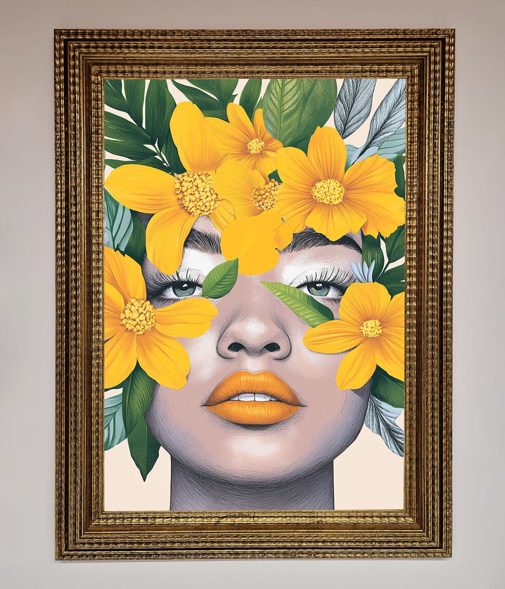 Yellow Flowers Head Framed Poster Ornate Gold