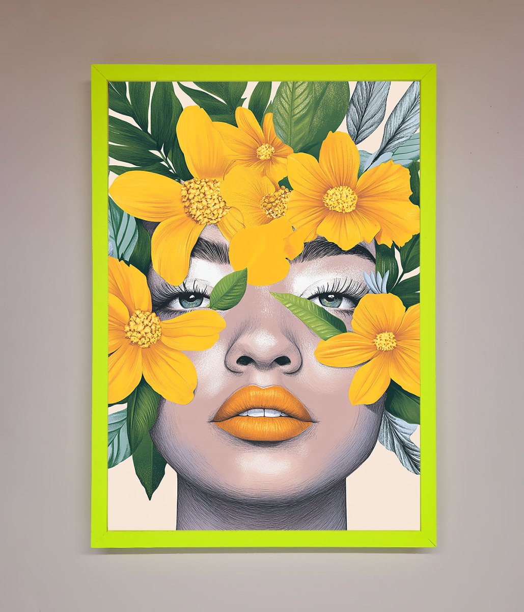 Yellow Flowers Head Framed Poster Neon Green