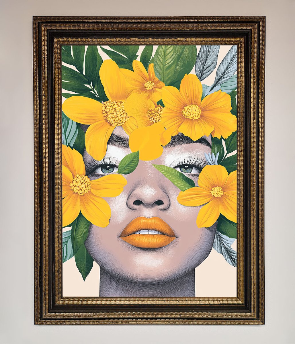 Yellow Flowers Head Framed Poster Ornate Gold Black