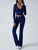 Yoga Wear Slim Fit Sports Knit Long Sleeve Pants Two-Piece Loungewear Set Dark Blue